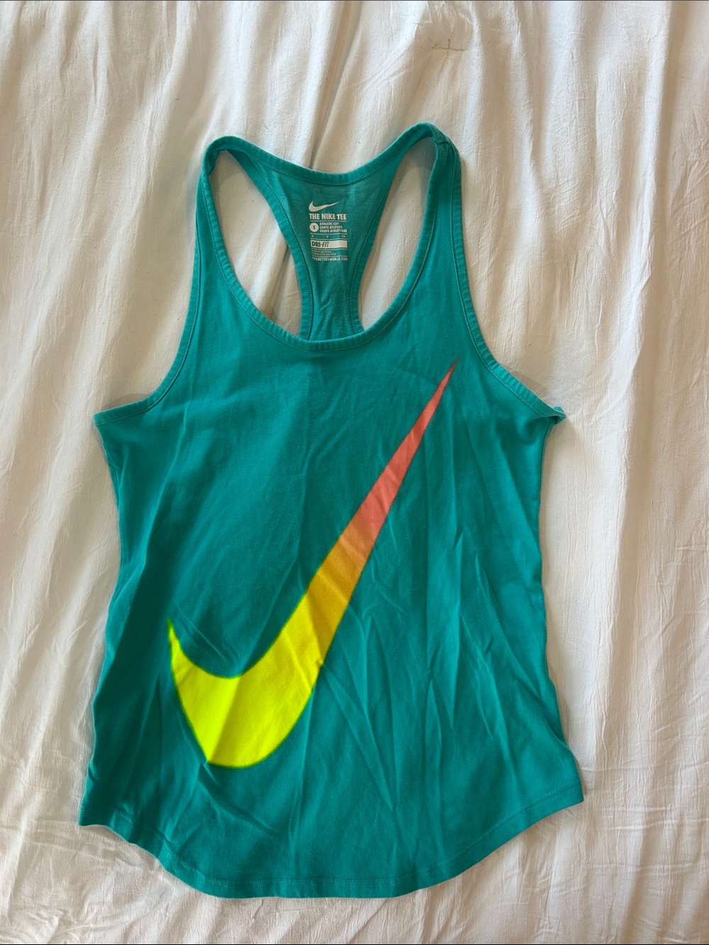 Nike Women's Teal Racerback Tank with Yellow-to-Orange Gradient Swoosh